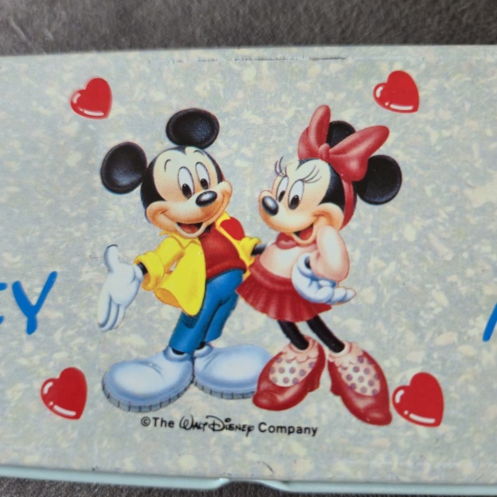 Disney Vintage 90s Mickey Minnie Mouse Tin Pencil Case Heart Graphic Rare Ellon - Picture 7 of 11